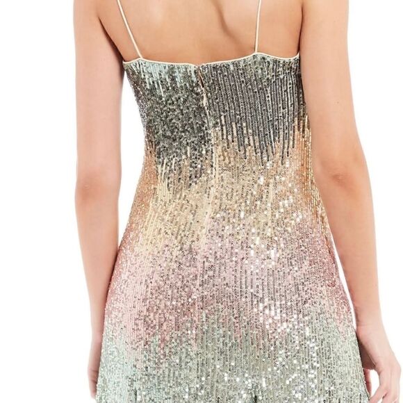 Badgley Mischka Natalie Dress Mint Sequin Multi Fit Flare Spaghetti Strap - Picture 2 of 9
